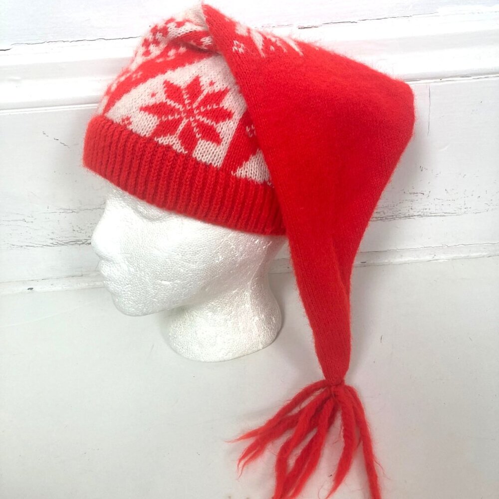 Vintage Red White Knit Stocking Cap Hat Nordic Snowflake Design Tassel Adult
